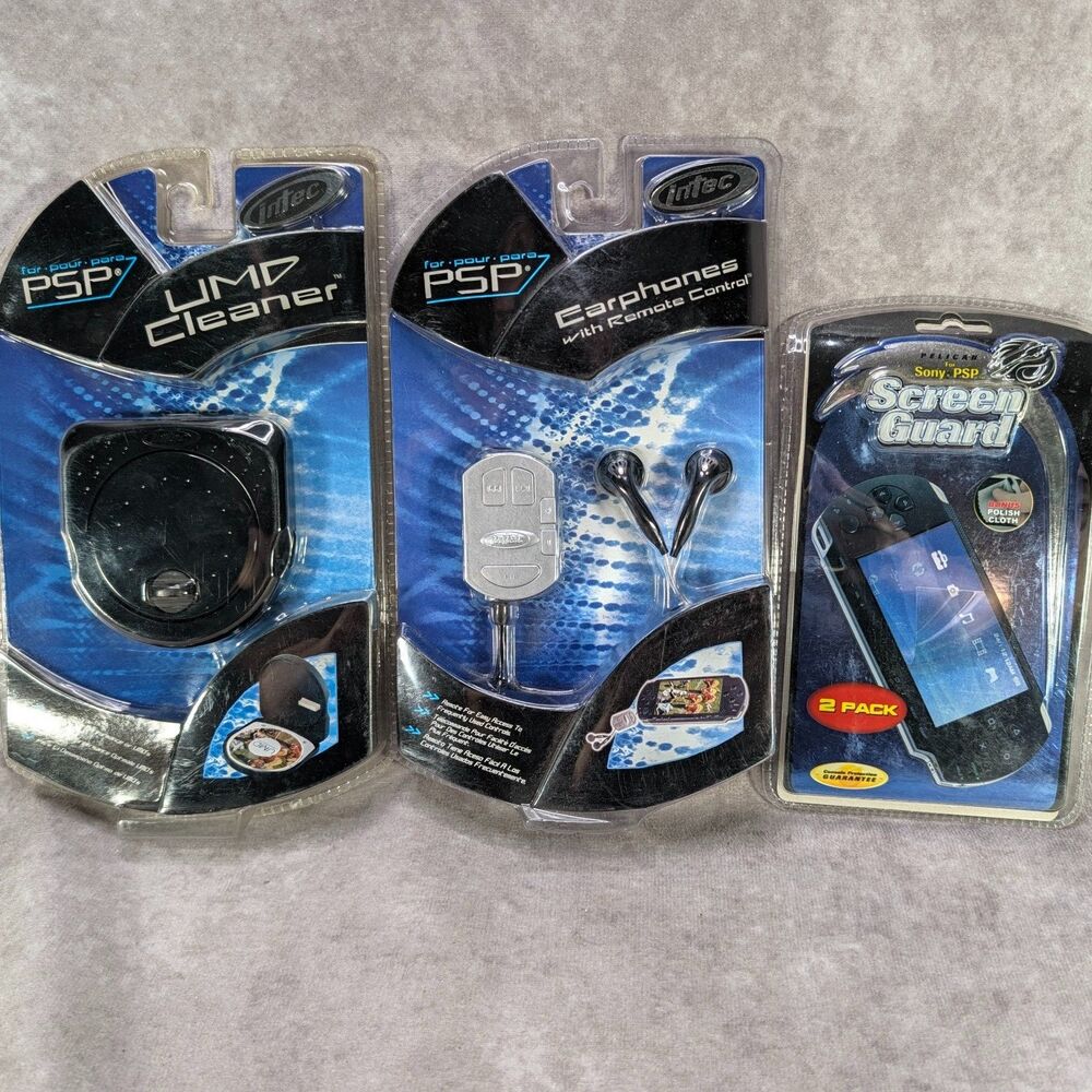 Sony PSP Accessory Lot Intec UMD Cleaner Earbuds Pelican Screen Guard Sealed NOS